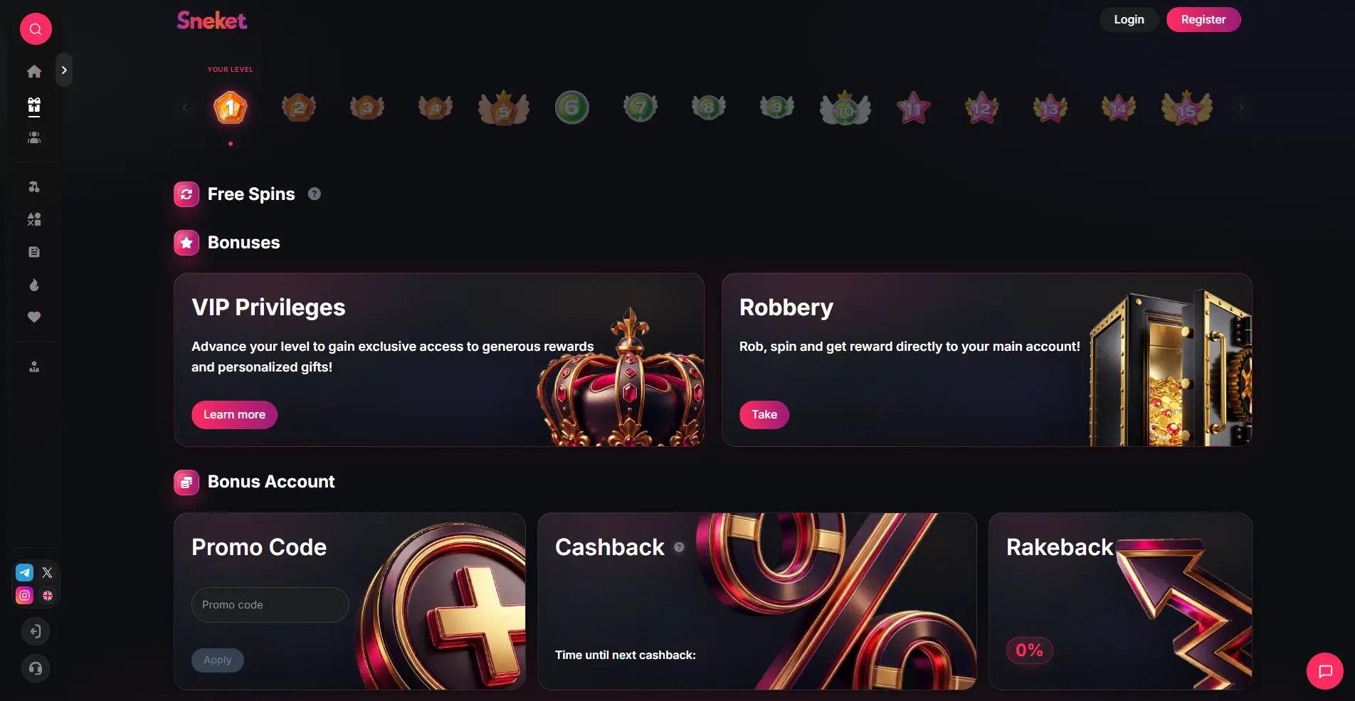 Sneket Casino VIP program showing 15 levels, Free Spins, Robbery event, Cashback and Rakeback interface
