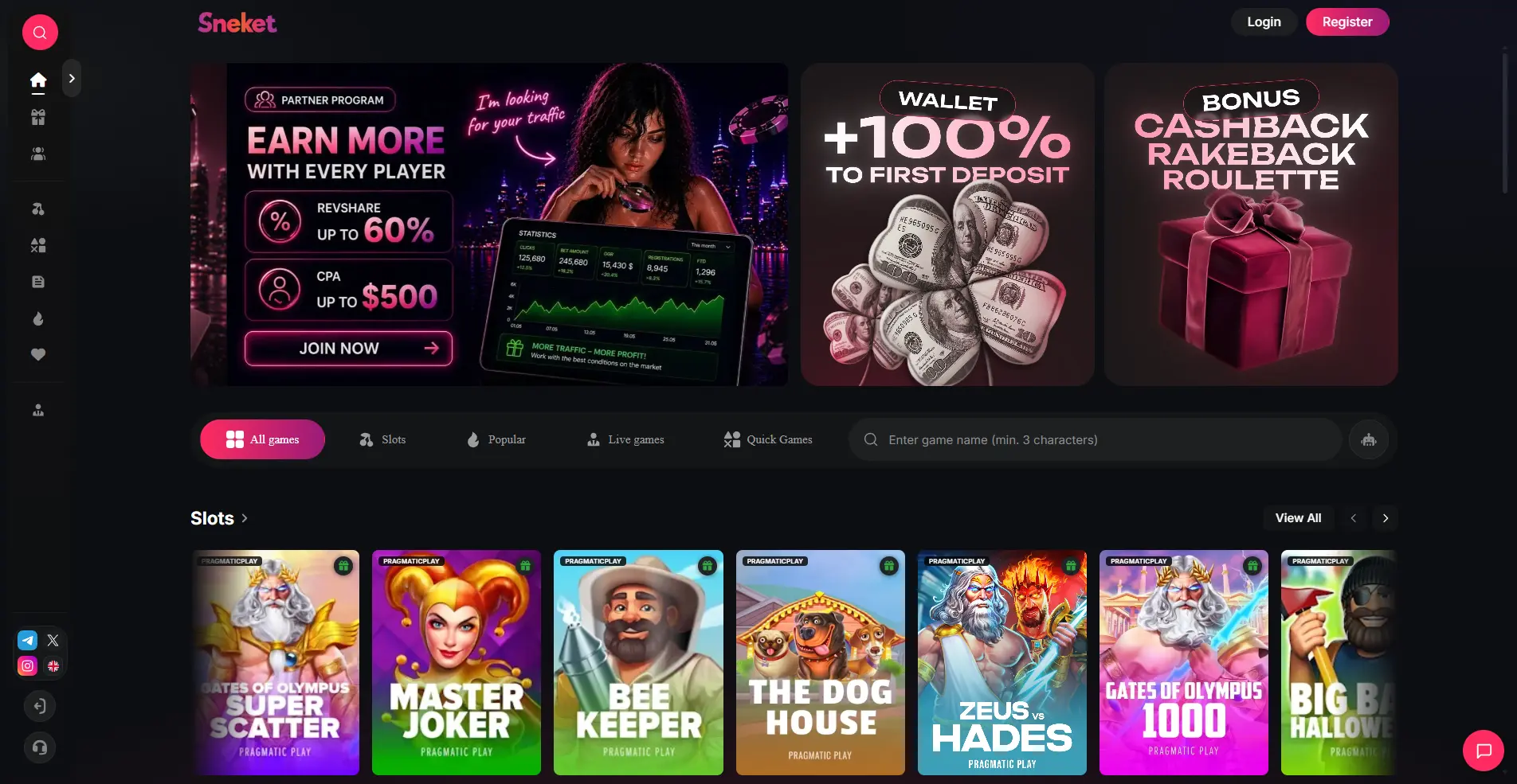 Sneket Casino interface showing +100% first deposit bonus, cashback roulette, and Pragmatic Play slots like Gates of Olympus