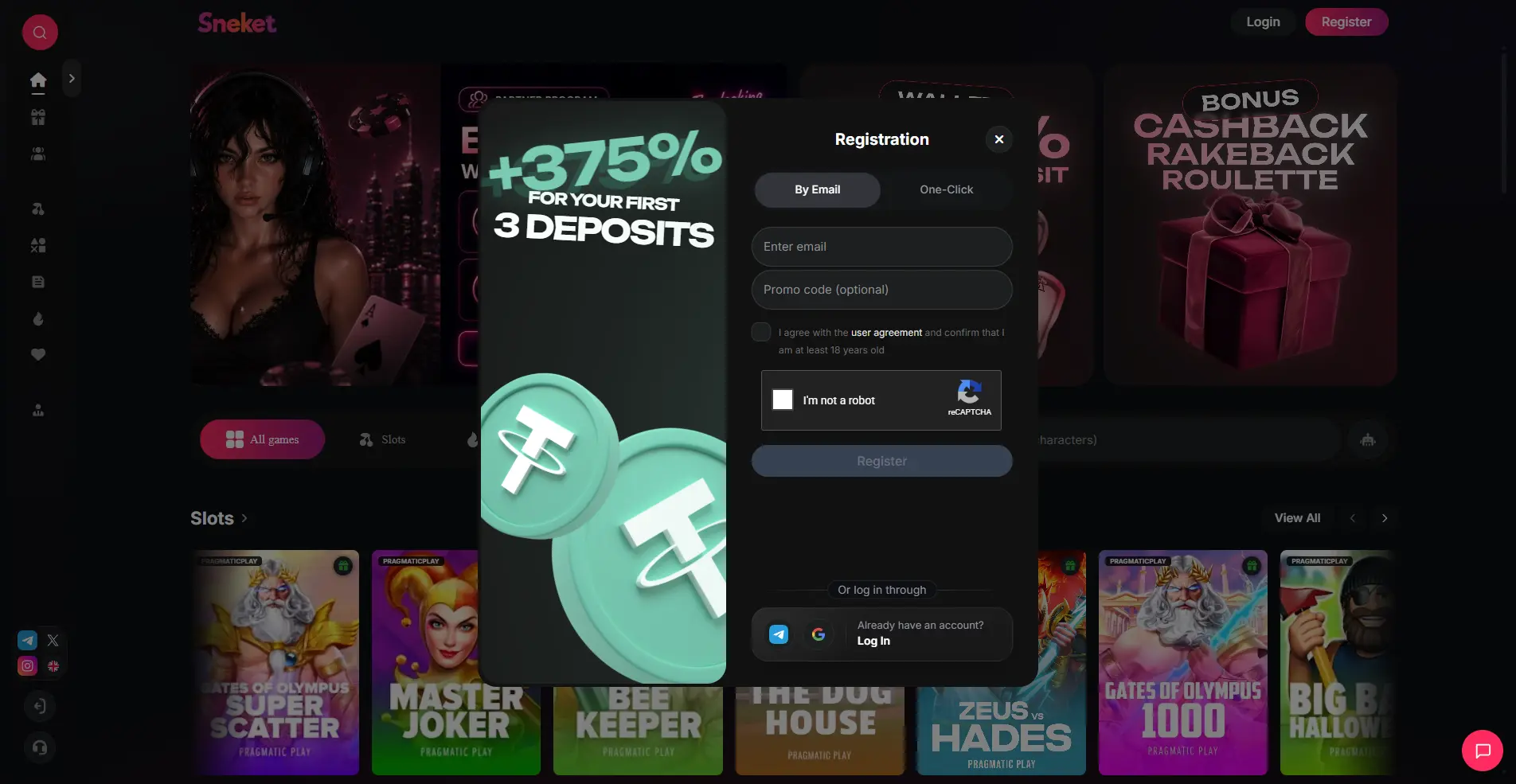 Sneket Casino registration modal showing +375% bonus, Email and One-Click options, and Tether USDT coins